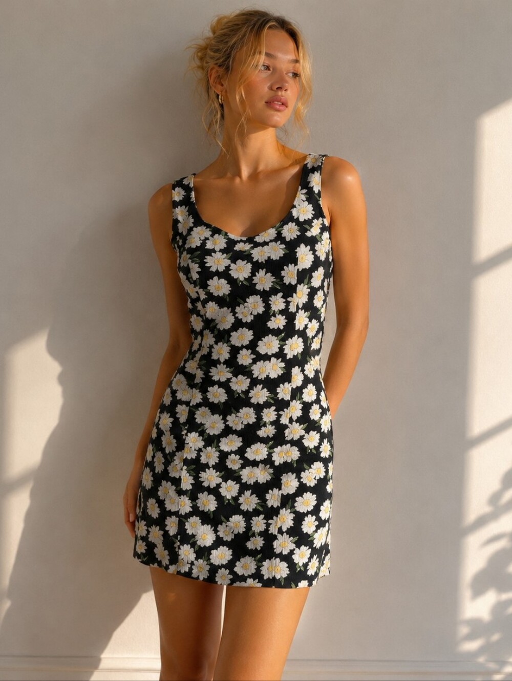 Vintage 80s Black White Floral Mini Sheath Dress Daisy Summer Sleeveless Size 7